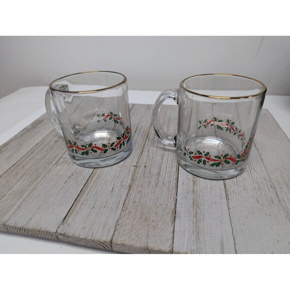 Vintage Libbey Christmas Glass Mug Holly, Gold Trim Set of 2 Holiday - Picture 1 of 8